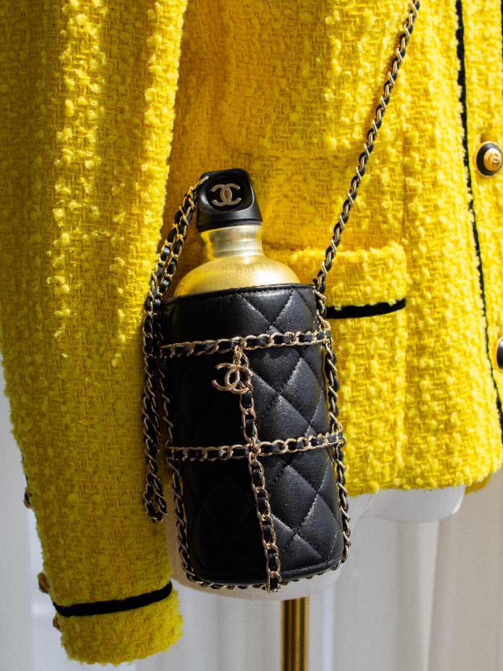 Chanel Cruise 2020 CC To Drink Black Gold Leather Water Bottle Holder